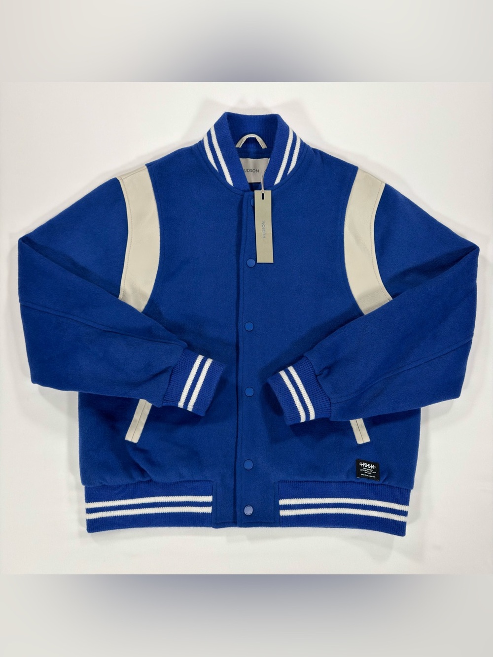 Hudson Wool Varsity Jacket Mens Medium Royal Blue White $248 MSRP NWT